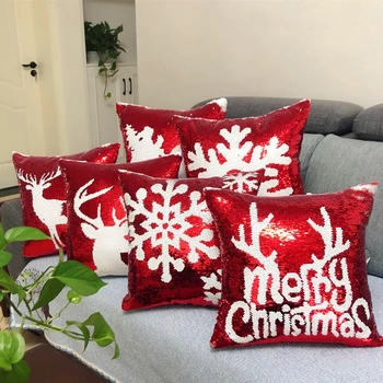 Чехол для подушки с блестящими пайетками, Рождественское украшение, красная рождественская наволочка в виде Лося и снежинки, чехол для дивана в гостиной, наволочка для подушки