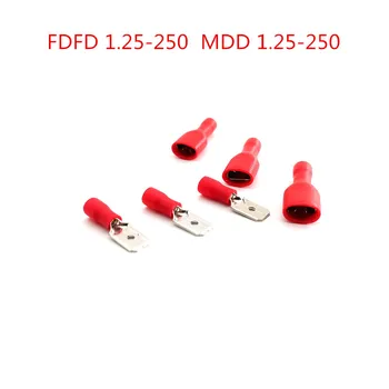100шт FDFD 1.25-250 Mdd1.25-250 6.3 мм Красный Разъем + Лопата Изоляция Электрическая Обжимная Клемма Соединительный Кабельный Штекер
