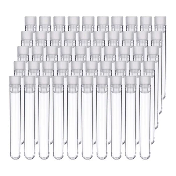 100шт Прозрачных пластиковых пробирок с белыми завинчивающимися крышками Контейнеры для образцов Бутылки с нажимными крышками 12x75 мм