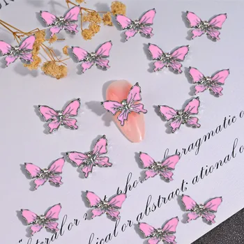 10шт Розовые/Черные металлические подвески для ногтей в виде бабочки 16 * 12 мм с кристалалми и стразами, украшение для ногтей в виде бабочки из сплава 