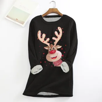 2023 Осенне-зимняя женская рождественская футболка Теплый свитер с меховым воротником и длинными рукавами, пуловер с принтом оленя, мультяшный свитер
