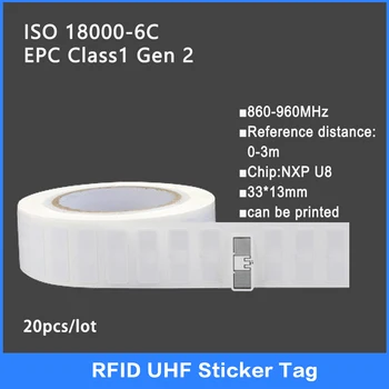 20ШТ UHF RFID-метка 18000-6C 860-960 МГц RFID UHF Наклейка Этикетка Бирка NXP U8 чип Электронная этикетка 915 МГц Высококачественные Смарт-Метки