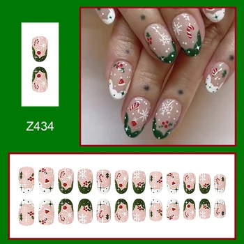 24ШТ Рождественская Елка, Милые Короткие накладные ногти, дизайн с рисунком снежинки, Пригодные для носки накладные ногти, нейл-арт