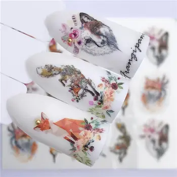 5 Штук Милые Животные Наклейка для ногтей Цветочная наклейка Животное Лиса Волк Фламинго Олень Дизайн для украшения ногтей