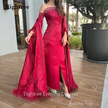 Eightree Red Саудовская Аравия Элегантные вечерние платья из атласа с блестящими перьями и бисером, вечернее платье Русалки с расклешенными рукавами, вечерний халат