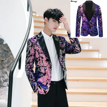 HOO 2023 Новый мужской бархатный пиджак с блестками, блейзеры для отдыха Host Singer градиентного цвета