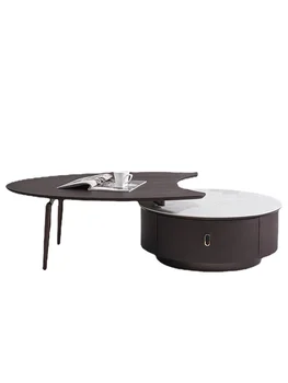 Hxl Легкий роскошный журнальный столик из круглой каменной плиты высокого класса, из дымчатого дерева, выдвижной круглый журнальный столик комбинированного типа