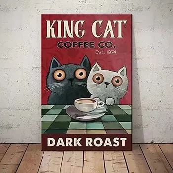 King Cat Кофейная ретро Металлическая Жестяная вывеска Винтажная алюминиевая вывеска для домашнего кофейного декора стен