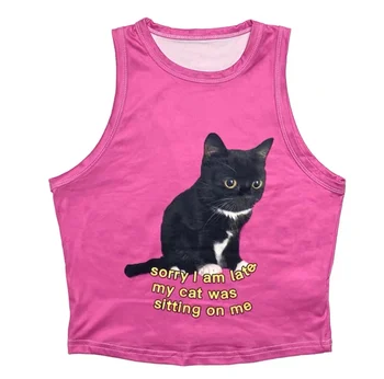 Y2k Уличная одежда Hotsweet Жилет с милым котом и принтом 90-х, эмо винтаж, сексуальная Мусорная Девушка, Креативная майка, Женские Летние универсальные топы в стиле Харадзюку