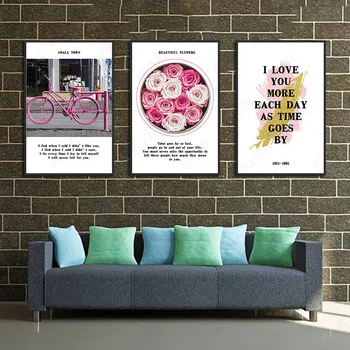 Абстрактное настенное искусство, Розовые цветы, велосипед, золотые буквы Граффити, плакаты на холсте, принты для гостиной, спальни, коридора