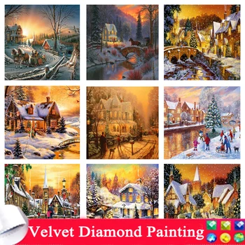 Алмазная вышивка 5D Зимний пейзаж снежного домика, алмазная живопись, полная дрель, Зимний пейзаж 