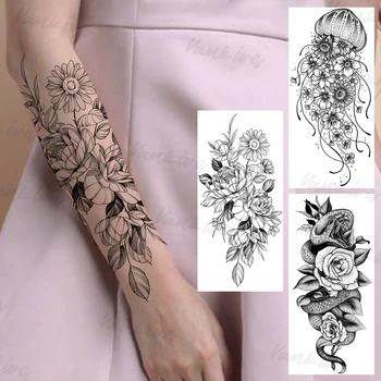 Большие временные татуировки в виде Солнечного Цветка для женщин, девушек, Сексуальные татуировки на руках и ногах, Реалистичная наклейка с поддельной татуировкой в виде Медузы, Змеи, Розы