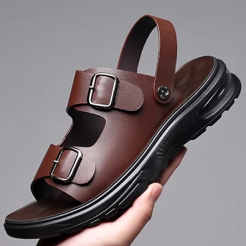 Бренд 2023, летние мужские сандалии, кожаные мужские гладиаторы из воловьей кожи первого слоя в римском стиле, мужские пляжные сандалии на подушке, мягкая болотная обувь