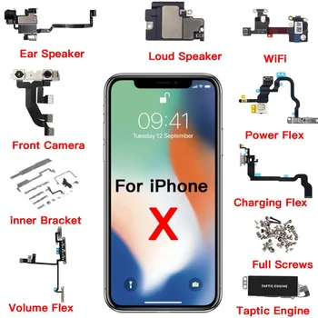Внутренние детали для iPhone X Док-станция Charing, фронтальная камера, динамик для ушей, гибкий кабель, переключатель громкости, Taptic Engine, Все винты, кронштейн