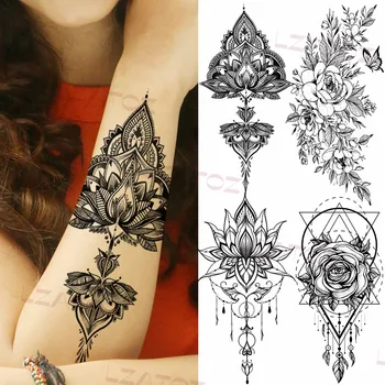 Временные татуировки хной Черного Лотоса Для женщин, геометрическая подвеска в виде розы, поддельная татуировка, наклейка на руку, Сексуальные водонепроницаемые татуировки