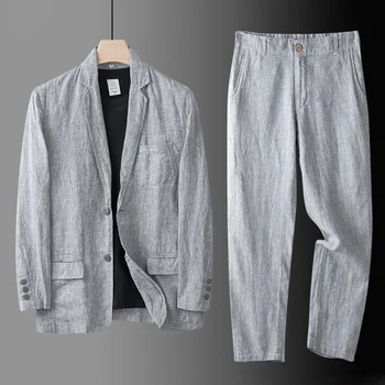 Высококачественный мужской блейзер, куртка и брюки, мужской льняной костюм из 2 предметов, весна-лето, тонкий стиль, модный повседневный комплект с длинным рукавом