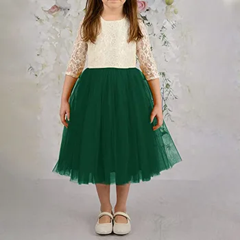 Детское платье, винтажное кружевное платье с рукавом 3/4, Открытая спина, тюлевое платье для дня рождения, платье для девочек в цветочек