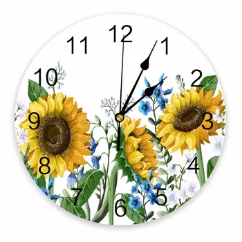 Желтый Цветок Подсолнечника Растительное Искусство Декоративные Круглые Настенные часы Индивидуальный Дизайн Не Тикающие Бесшумные Спальни Большие Настенные часы