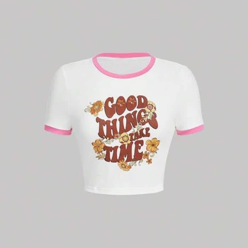 Забавный цветочный принт, винтажная женская повседневная детская футболка, уличная одежда, эстетичная футболка с коротким рукавом, одежда Y2k, готические топы для девочек-эмо