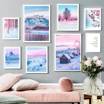 Зимний лес, Снежная гора, Иглу, фиолетовая настенная живопись, холст, плакаты на скандинавскую тему и принты, настенные панно для декора гостиной