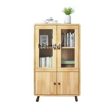 Книжный шкаф из массива дерева со стеклянной дверцей Бытовой Книжный шкаф Книжная Полка Комбинированный Органайзер для хранения в спальне