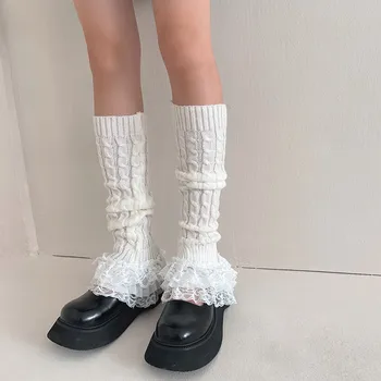 Кружевная грелка для ног Lolita, женские Вязаные Длинные носки в Японскую осенне-зимнюю полоску, накидка для ног JK с манжетами для ботинок, чулки