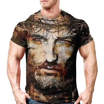 Летняя мужская футболка в стиле ретро с 3D принтом Иисуса, О-образный воротник, короткий рукав с перекрестной графикой, модный повседневный свободный топ большого размера