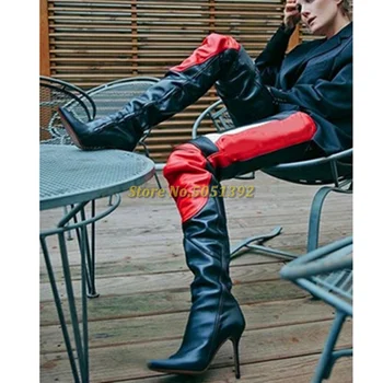 Лоскутные сапоги выше колена на тонком каблуке, черные, красные, разноцветные, пикантные женские зимние сапоги для подиума с острым носком, сшитые на заказ