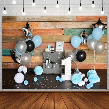 Мальчик 1-й С Днем рождения, фон для вечеринки, торт, Разбитый воздушный шар с голубой звездой, деревянная доска, фон для фотосъемки, фотостудия, фотозона, реквизит