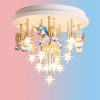 Милая светодиодная люстра для спальни в форме карусели, разноцветная дизайнерская лампа с мультяшными животными для детской комнаты, освещение детской комнаты для мальчиков