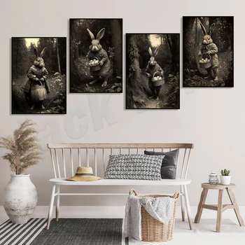 Мифический Пасхальный кролик фото леса плакат в винтажном стиле, Пасхальная художественная печать на холсте, украшение спальни гостиной
