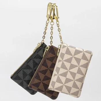 Модный мини-женский кошелек, сумка для хранения ключей с цепочкой, роскошный дизайнерский маленький кошелек из клетчатой кожи на молнии, сумка для хранения
