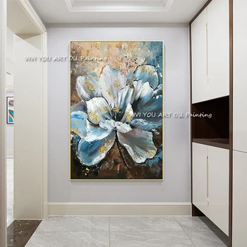 Модный натуральный синий цветок, ручная роспись, Оригинальный абстрактный толстый холст для масляной живописи, современное текстурированное золотое настенное искусство