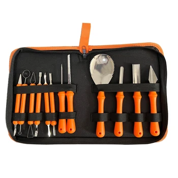 Набор инструментов carving Pro Kit из нержавеющей стали оранжевого цвета, включающий ножи, совок и различные инструменты для лепки.