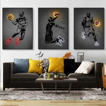 Настенный художественный плакат с неоновым эффектом, баскетболисты, поп-фреска, современный домашний декор, печать на холсте, украшение гостиной, подарок для мальчика