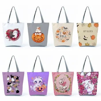 Новые милые сумки-тоут с тыквой и кроликом для женщин, подарок на Хэллоуин, Сумки с принтом, сумка для покупок большой емкости, Мультяшная сумка на плечо Kawaii