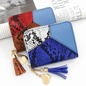 Новый трехцветный лоскутный женский короткий кошелек с модной бахромой, винтажный кошелек для монет с принтом, сумка на молнии
