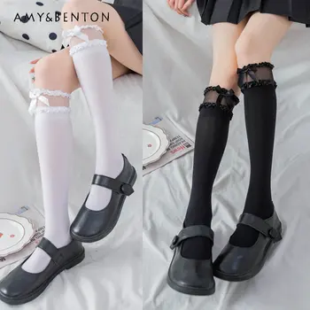 Однотонные носки в стиле Лолиты, женские осенне-летние носки из японского хлопка нового стиля для женщин, Дизайнерские носки до середины икры