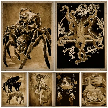Пауки, живущие в скелетах, Настенная живопись на холсте, Ведьмы и змеи в Черном бассейне, винтажные постеры для гостиной