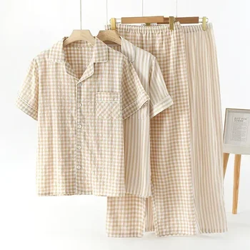Пижама Пижама Домашний размер Чистая мужская одежда с рукавами Брюки для сна Летняя пижама Комплект костюмов Короткий Большой для хлопка