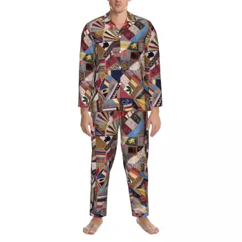 Пижамный комплект из лоскутного одеяла с абстрактным винтажным принтом, Удобная пижама для мужчин С длинными рукавами, Эстетическая комната, 2 предмета пижамы