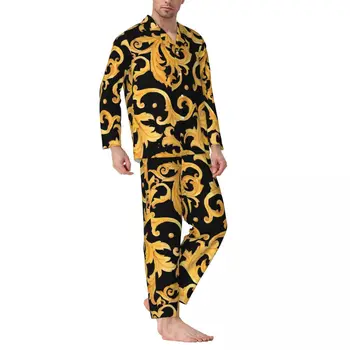 Пижамы с барочным принтом Весенний Золотой Цветочный Винтажный Пижамный комплект большого размера Для мужчин с длинным рукавом Kawaii Для спальни Графический домашний костюм