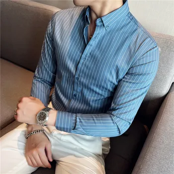 Полосатые рубашки для мужчин 2023, осенняя Корейская версия, Однотонные Повседневные майки с длинными рукавами, эластичный облегающий крой, Модная Мужская одежда