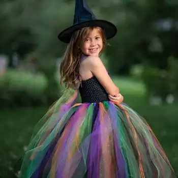 Разноцветное платье-пачка для маленьких девочек, детское тюлевое платье, бальное платье с черной шляпой, детское праздничное платье для косплея на Хэллоуин