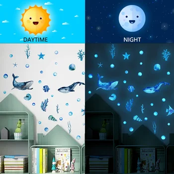 Синие рыбки, светящиеся наклейки на стены, светящиеся в темноте, Подводный мир, наклейки на стены для детских комнат, детской спальни, домашнего декора