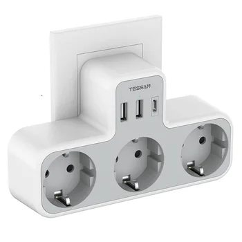 Удлинитель Настенной Розетки TESSAN EU KR Plug Multi Outlets с Розетками переменного тока, USB-Портами и Адаптером Питания для Электрической Розетки Типа C для дома
