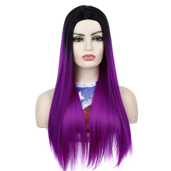 Фиолетовый парик для женщин, длинный прямой парик с челкой, синтетические парики цвета омбре для косплей-вечеринки, 26 дюймов, омбре фиолетового цвета