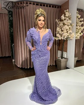 Элегантное женское вечернее платье Арабского фиолетового цвета, вечерние платья на заказ, прозрачная сетка, Русалка, 3D Лист, расшитый бисером, блестки, вечернее длинное платье для выпускного вечера